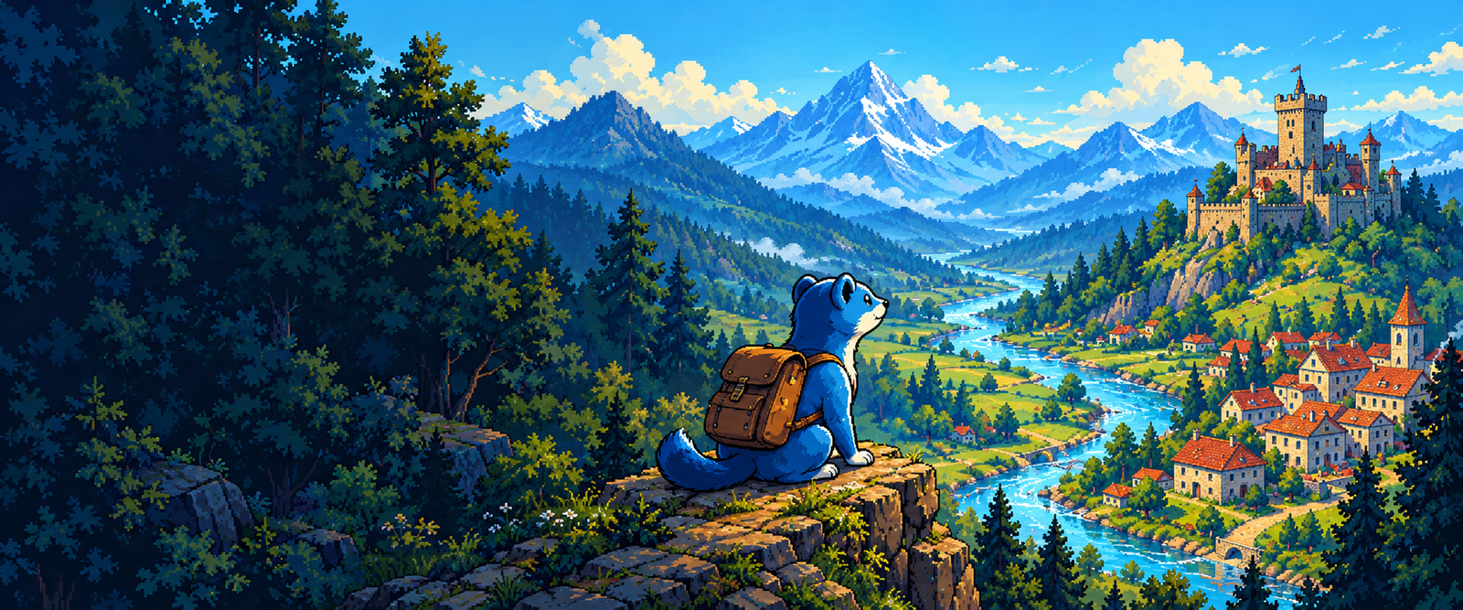 A blue stoat with an explorer’s backpack sits on a rocky overlook above a winding river, a red-roofed village, and a hillside castle beneath distant blue mountains.